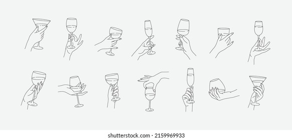 Colección de diferentes gestos de mano de mujer sostienen copa de vino o cócteles de bebida. Estilo minimalista lineal de moda. Iconos de línea o símbolo de la mano femenina para el logotipo en el restaurante o la barra. Ilustración del vector