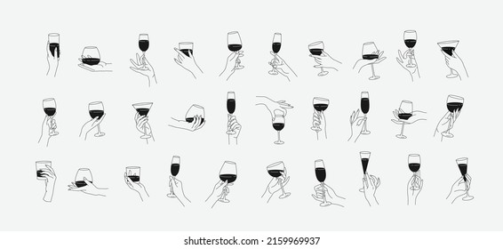 Collection different woman hands gestures hold wineglass drink cocktails  Minimal linear trendy style  Line icons symbol female hand for logo in restaurant bar  Vector illustration