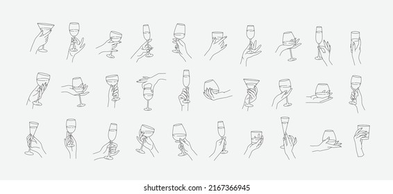 Collection of different woman hands gestures hold wineglass or drink cocktails. Minimal linear trendy style. Line icons or symbol of female hand for logo in restaurant or bar. Vector illustration