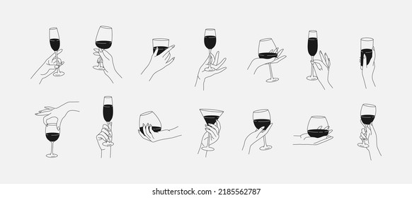 Collection of different woman hands gestures hold wineglass or drink cocktails. Minimal linear trendy style. Line icons or symbol of female hand for logo in restaurant or bar. Vector illustration