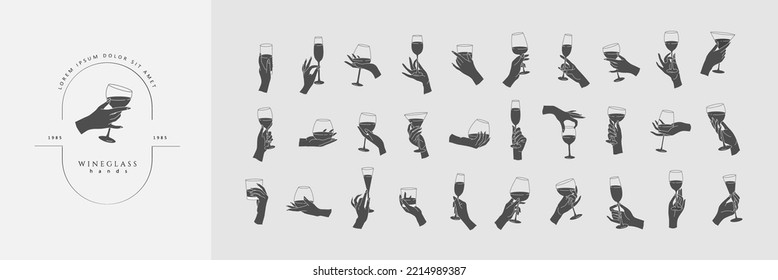 Collection of different woman hands gestures hold wineglass or drink cocktails. Minimal silhouette trendy style. Line icons or symbol of female hand for logo in restaurant or bar. Vector