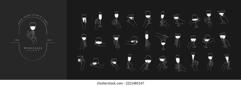 Collection of different woman hands gestures hold wineglass or drink cocktails. Minimal linear trendy style. Line icons or symbol of female hand for logo in restaurant or bar. Vector illustration