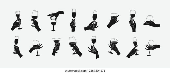 Collection of different woman hands gestures hold wineglass or drink cocktails. Minimal silhouette trendy style. Line icons or symbol of female hand for logo in restaurant or bar. Vector