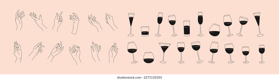 Collection of different woman hands gestures hold wineglass or drink cocktails. Minimal linear trendy style. Line icons or symbol of female hand for logo in restaurant or bar. Vector