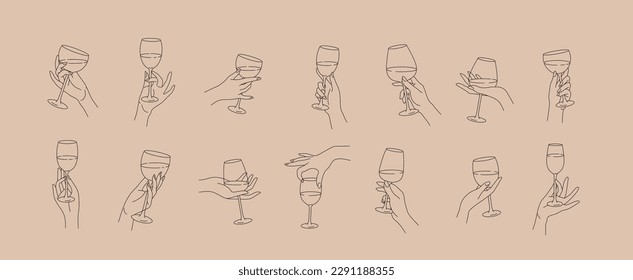 Collection of different woman hands gestures hold wineglass or drink cocktails. Minimal linear trendy style. Line icons or symbol of female hand for logo in restaurant or bar. Vector illustration