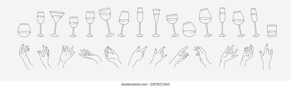 Collection of different woman hands gestures hold wineglass or drink cocktails. Minimal linear trendy style. Line icons or symbol of female hand for logo in restaurant or bar. Vector