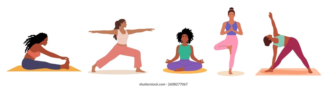 Collection of different woman performing physical exercises. Bundle of female cartoon character demonstrating various yoga positions isolated on white background. Colorful flat vector illustration