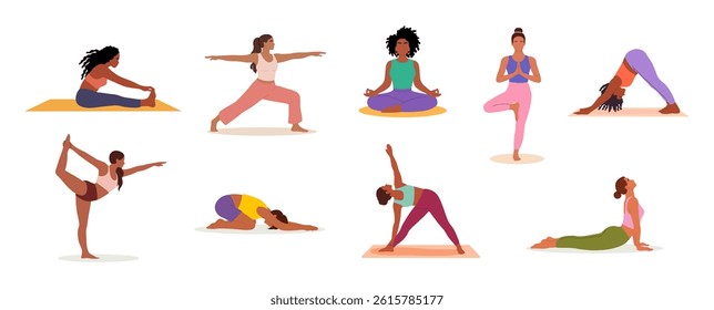 Collection of different woman performing physical exercises. Bundle of female cartoon character demonstrating various yoga positions isolated on white background. Colorful flat vector illustration