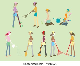 A collection of different women doing gardening activities.