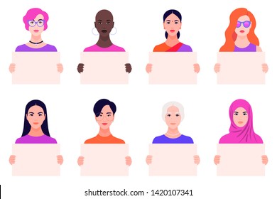 Collection of different women holding clean placards. Young and old peoples cartoon characters demonstrating empty banners. Vector flat illustration