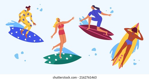 Collection of different women on the surf. Leisure. Vector illustration.