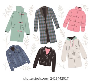 Colección de diferentes prendas de vestir para mujeres. Vector de ropa de moda, diseño de la ilustración de moda