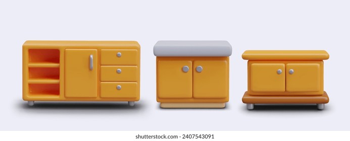 Colección con diferentes materiales de madera en tonos anaranjados. Mobiliario para el concepto de almacenamiento de cosas. Ilustración vectorial en estilo 3d con sombra y fondo blanco