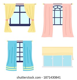 Collection of different wooden frame windows with colorful curtains, roman curtain at plastic window. Element of house or home interior. Home windows view from indoor. Windows icons in flat style