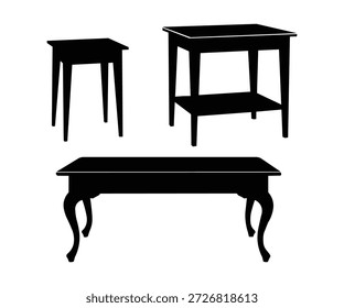 Colección de diferentes estilos de mesa de madera, incluyendo siluetas de mesa auxiliar y consola.