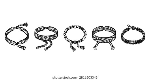 Collection of different woven friendship bracelets. decorative wristbands made from colorful threads, perfect for gifts or fashion.