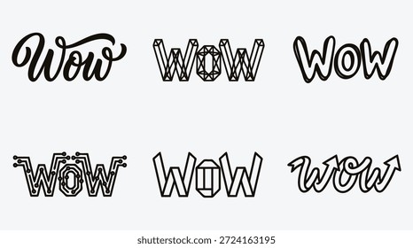 Coleção de diferentes palavras wow com várias fontes e desenhos