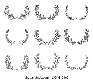 Collection of different wreaths in hand drawn style. Design elements for invitations, greeting cards, quotes, blogs, posters and more. Vector illustration.