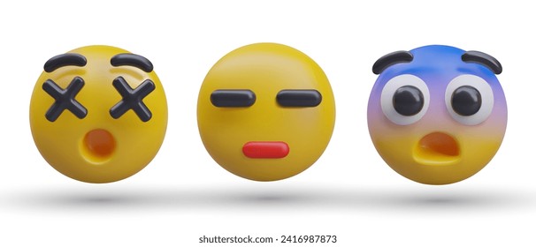 Collection with different yellow emoji. Face with crossed eyes, ignoring emotion and reaction of fear. Emoticons of shock. Vector illustration in 3d style with shadow