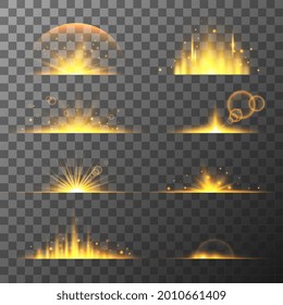 Collection of different yellow flare light effects. Lens flares, rays, stars and sparkles with bokeh collection. Vector transparent light effect