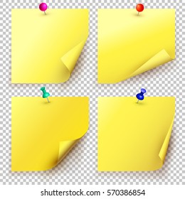 Collection of different yellow sheets of note papers with curled corner and push pin, ready for your message. Close up. Isolated on transparent background. Front view. Vector illustration.  