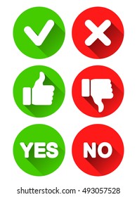 Collection of different yes and no buttons. Round icons with long shadows