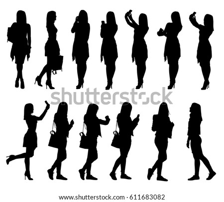 Collection of different young woman silhouettes using phone and bag accessories from everyday life.  Easy editable layered vector illustration.