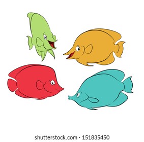 Collection of diffirent colorful cartoon smiling fishes