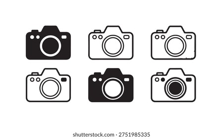 Collection of digital camera symbols in various stroke weights and fill styles for professional media use