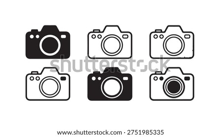 Collection of digital camera symbols in various stroke weights and fill styles for professional media use