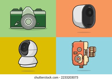 Colección de ilustraciones vectoriales de cámaras digitales. Concepto de icono de objetos de ciencia y tecnología. Cámaras CCTV digitales y diseño de vectores de cámara fotográfica o de disparo. Sistema de seguridad residencial y municipal.