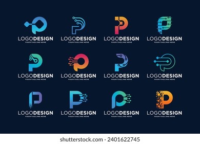 Colección de diseños de logotipo de la letra de conexión digital P