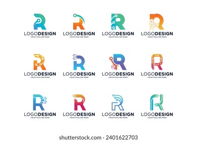 Collection of digital connection letter R logo designs