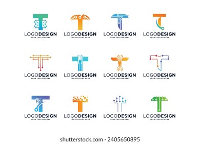 Colección de diseños de logotipo de letra de conexión digital T