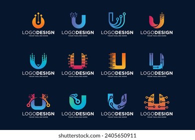 Colección de diseños de logotipo de la letra de conexión digital U