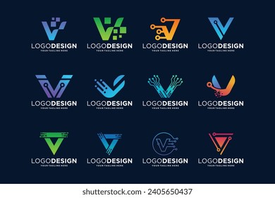 Collection of digital connection letter V logo designs