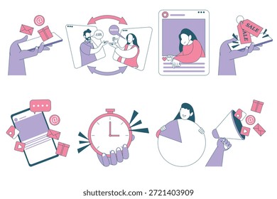 Collection of digital and content marketing illustrations. Featuring social media engagement, online sales tags, time management, data analysis, and communication in flat vector style