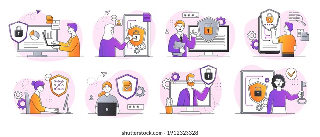 Collection of digital data protection abstract designs. Including cyber security, data center, rights of access concepts. Set of flat cartoon vector illustrations isolated on white background