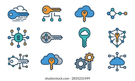 A collection of digital icons representing cloud security access and data protection concepts.