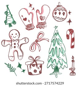 A collection of digital illustrations in the style of hand sketches (doodle) that display various icons typical of winter and Christmas.