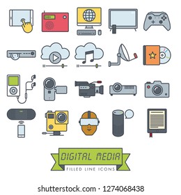 Collection of digital media and equipment vector filled line icons. Modern technology symbols.