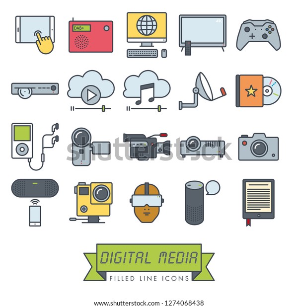 Collection of digital media and\
equipment vector filled line icons. Modern technology\
symbols.