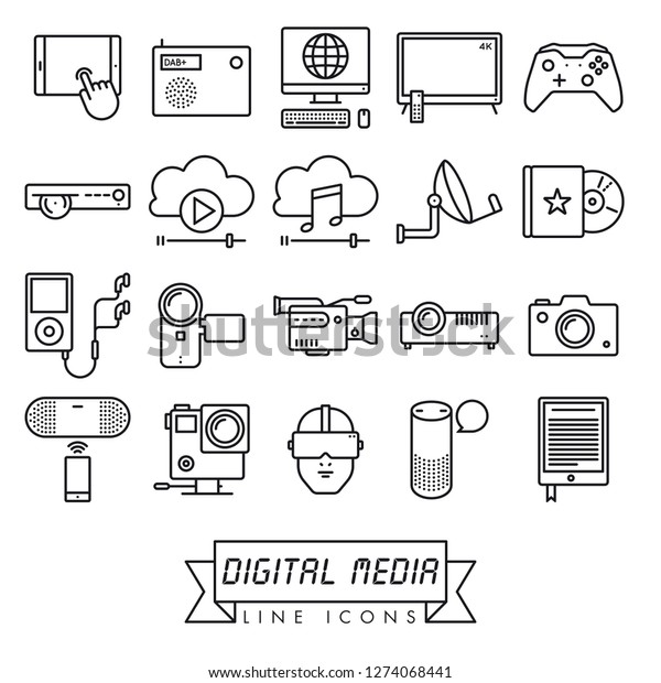 Collection of digital media and equipment vector
line icons. Modern technology
symbols.
