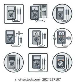 Collection of digital multimeter icons representing electrical measurement and testing tools for various applications.
