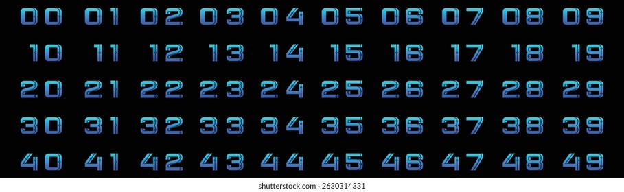 colección de números digitales del 1 al 50 con color azul degradado sobre fondo negro