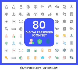 Collection of digital password linear icons and color icons. safety, code, recognition, fingerprint, pattern. Set of payment, system symbols drawn with thin contour lines.
