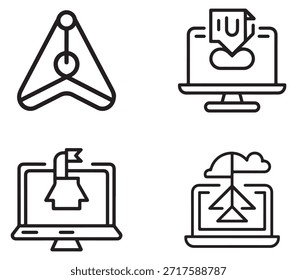 Uma coleção de ícones de produtividade digital apresentados em um estilo de contorno, isolados em um fundo branco limpo para uso versátil.