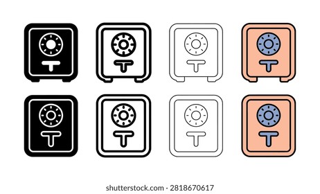 A collection of digital safety vault icons represented in solid black outline thinline and colored flat graphic design styles
