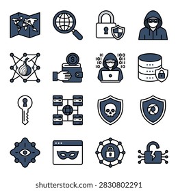 A collection of digital security and cyber crime flat icons