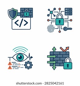 Collection of digital security icons representing concepts like data protection network security and privacy